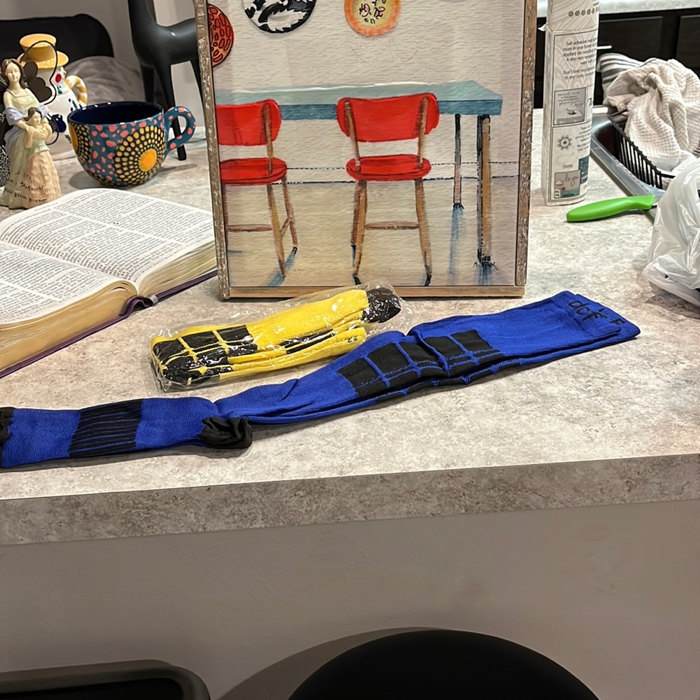 Pair of Navy Compression Socks. Size L. Two pairs, blue, and yellow.